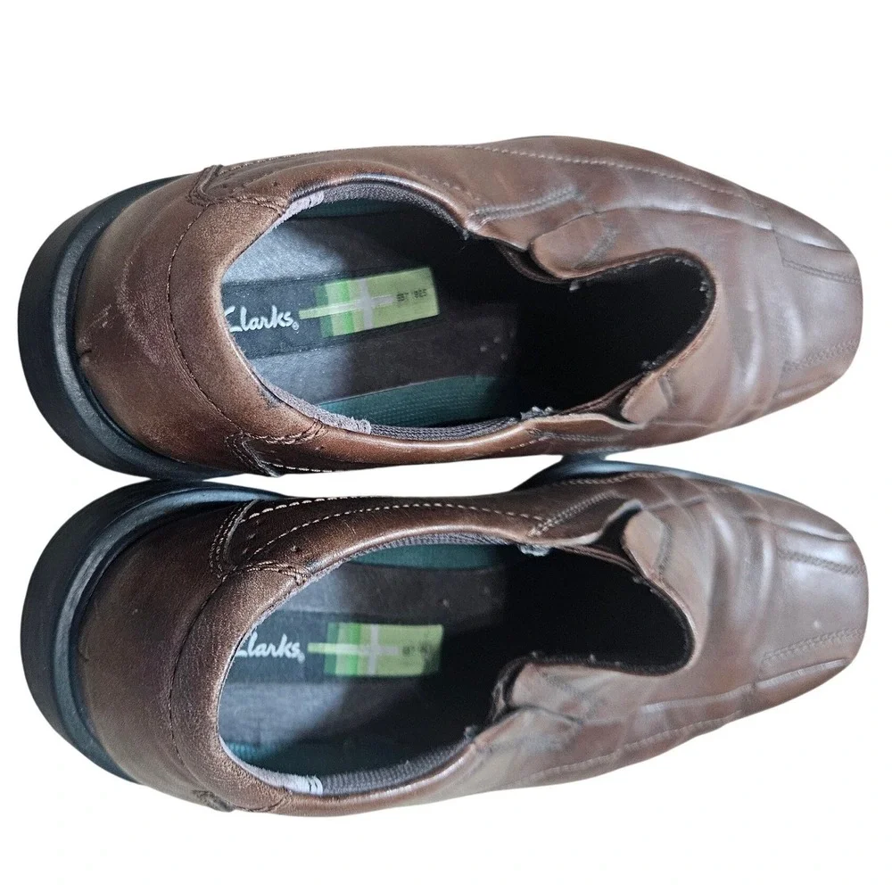 Clarks Mens Brown Leather Slip On Loafers Square Toe Dress Shoes 10.5 M Office
